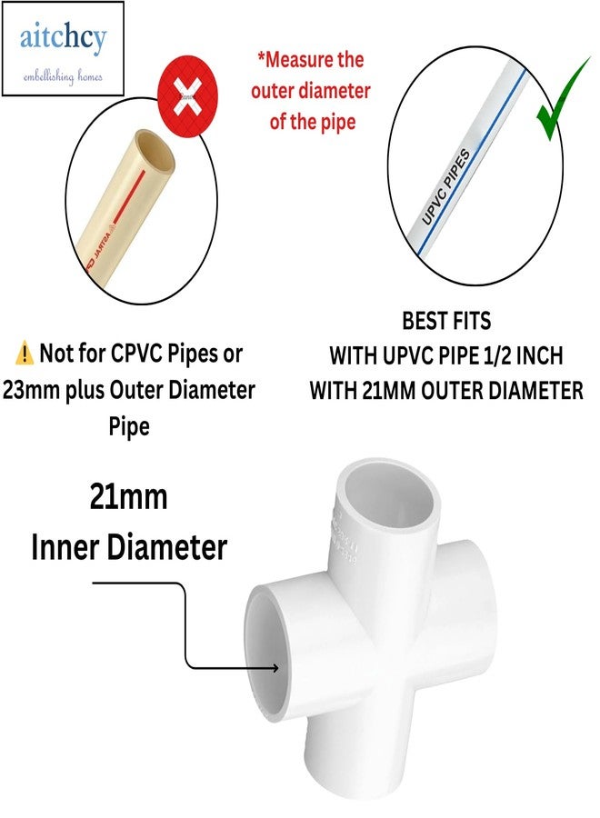 Aitchcy Heavy Duty 4 Way Cross Tee 21mm Four Way Elbow | Maximum supported Outer Diameter is 21.34mm | Heavy Duty 4 Way Connector for Furniture & DIY | 4 Way PVC Cross Tee (21mm 4pc) - Image 2